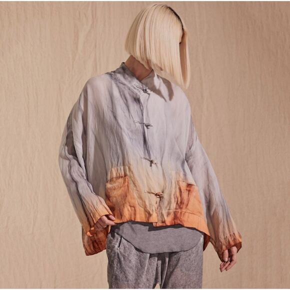 Gilda Midani Womens S Linen Orient Shirt Knot Buttons Pockets Dip Dye Lagenlook - Picture 3 of 11